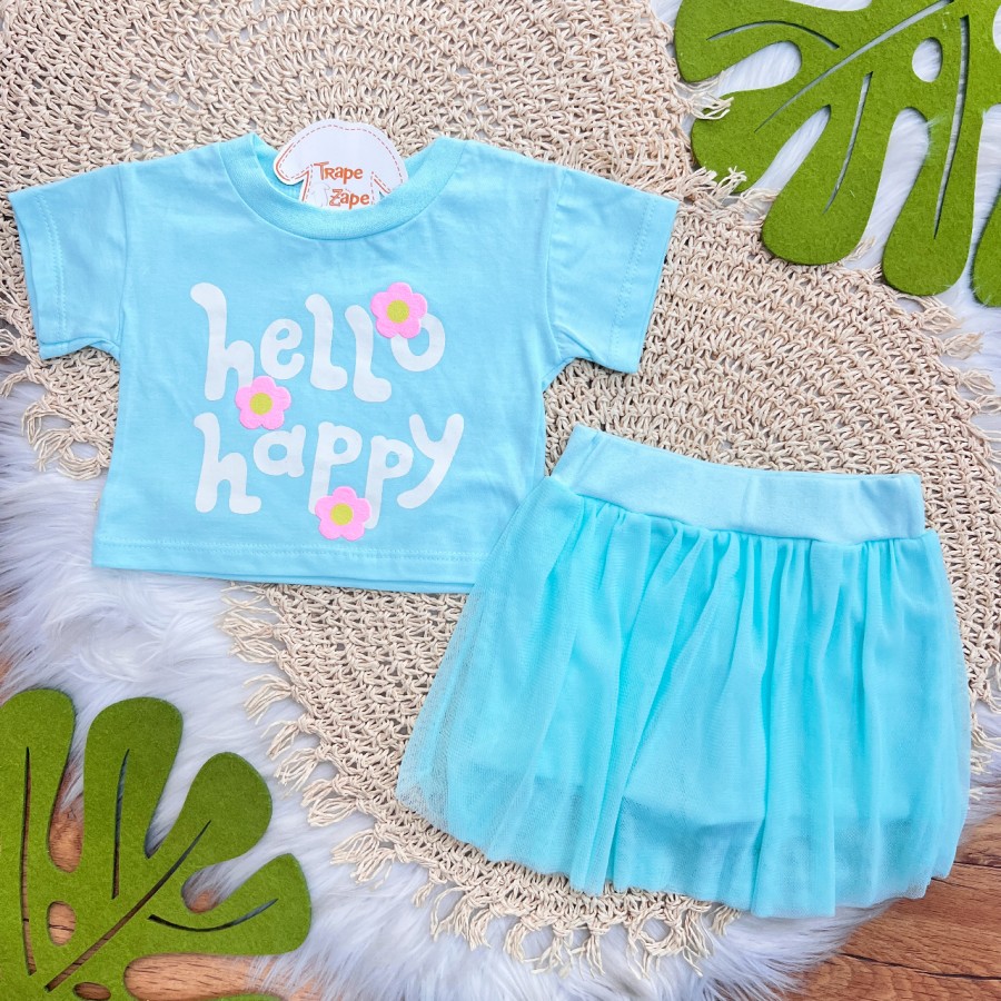 Conj. Blusa Hello Happy e Short Saia em Tule - Verde Água